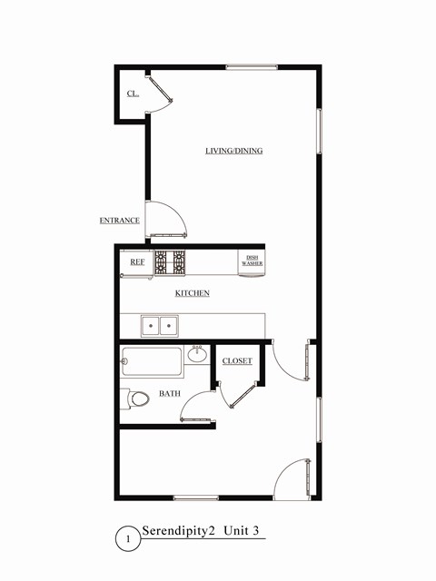 Floor plan for 1 bed, 1 bath, 510 sqft